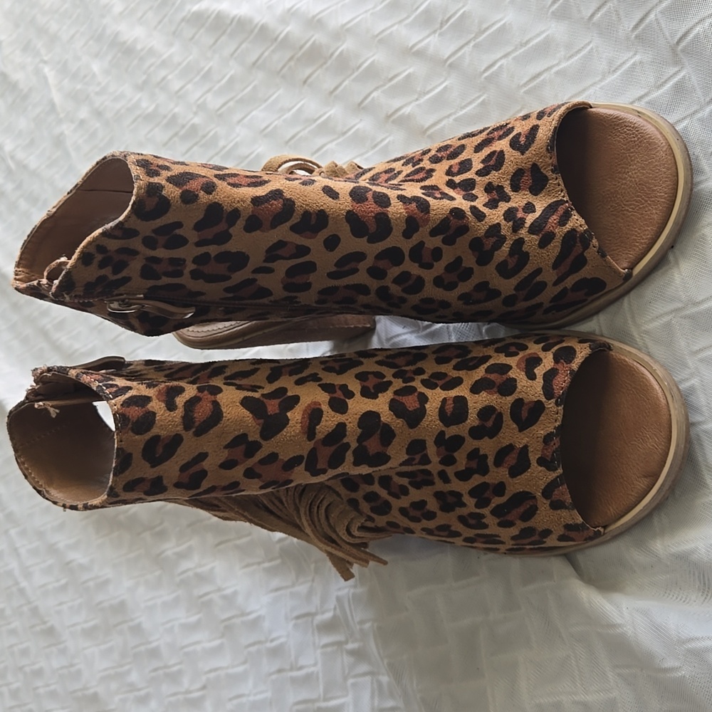 Very Volatile Leopard Print Fringe Block Heel Ank… - image 3